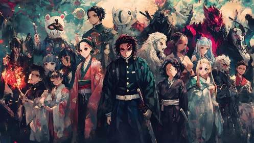 Multicharacter anime formation in dense chromatic battle tableau.