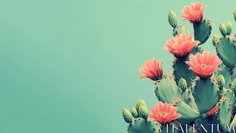 Blooming Cactus Plants with Coral-Pink Flowers Against Mint-Green Background