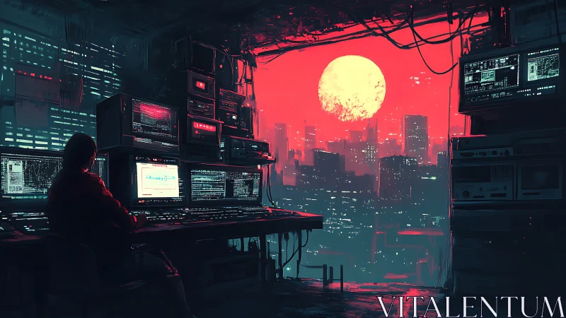 Red neon moonrise above a lone hacker&rsquo;s city lookout.