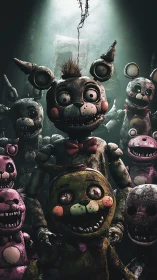 Creepy decayed animatronic rabbits crowd dark corridor.