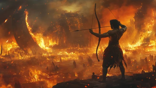 Heroic archer stands firm amid blazing battlefield skies