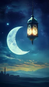 Hanging lantern glows softly beneath a crescent moonlit sky