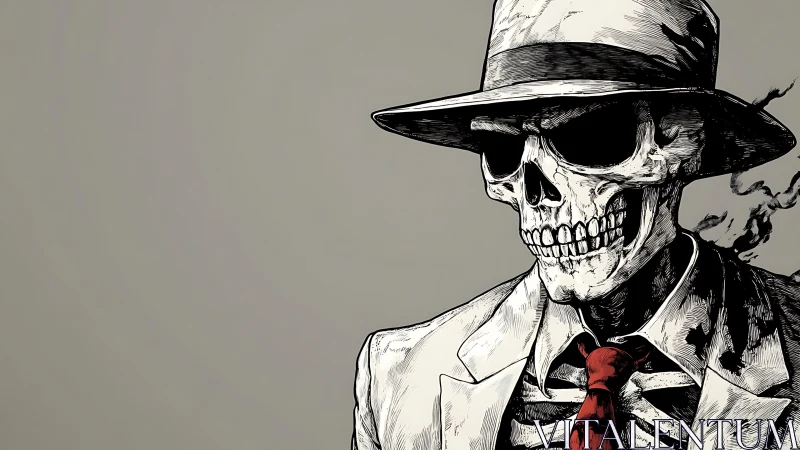 Skeletal noir detective in suit, hat and smoke plumes rendered precisely.