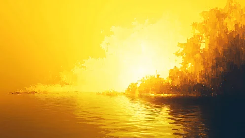 Pixel-fragmented shoreline sunset with high-intensity yellow bloom