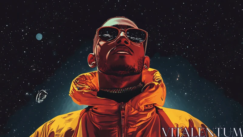Celestial portrait of man in orange jacket rendered as digital vector