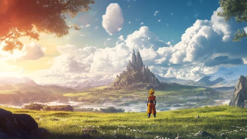 Character in orange gi faces distant spire mountain valley