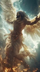 Winged celestial warrior ascending through radiant storm.