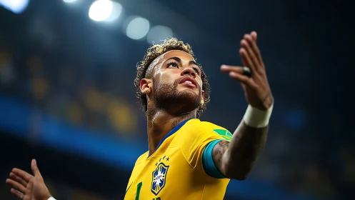 Brazil football player raises arms during stadium match