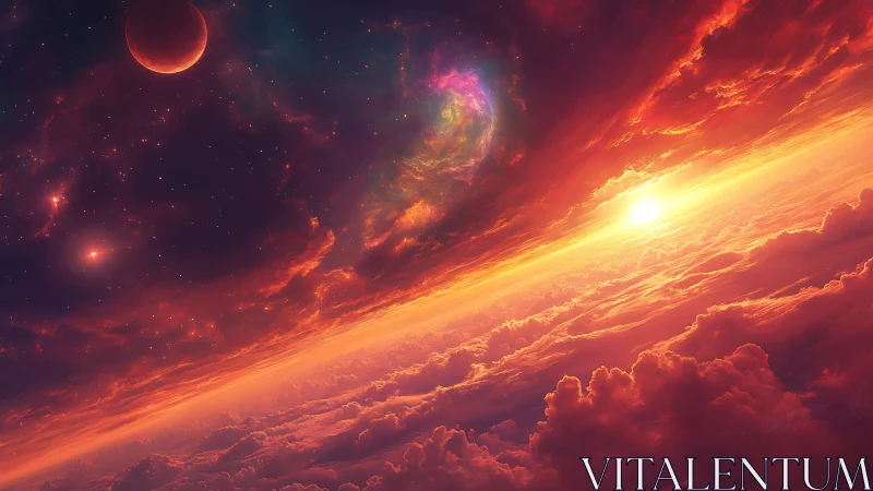 Digital painting of cosmic sunrise above nebular cloudscape.