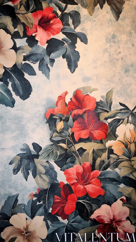 Red hibiscus floral painting on textured blue background.