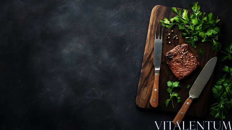 Moody steakboard still life with herbs and rustic cutlery.