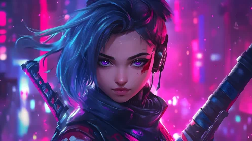 Cyberpunk girl with katana stands in neon city lights