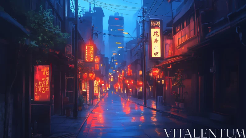 Rain-soaked neon alleyway renders bokeh-lit nocturnal city depth