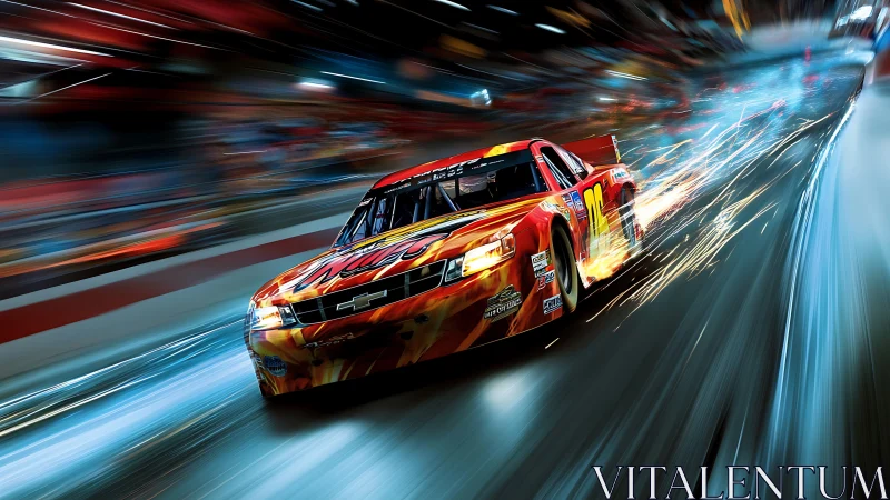 Red stock car on night racetrack with sparks and motion blur.