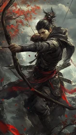 Dynamic archer in mid-draw amid stormy cliffside and red foliage