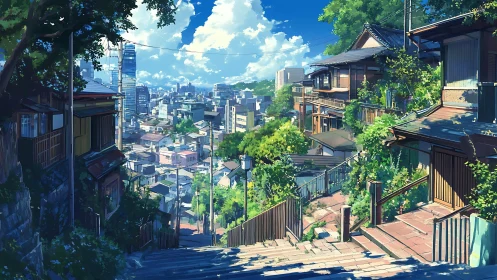 Sunlit hillside steps overlooking a peaceful cityscape.