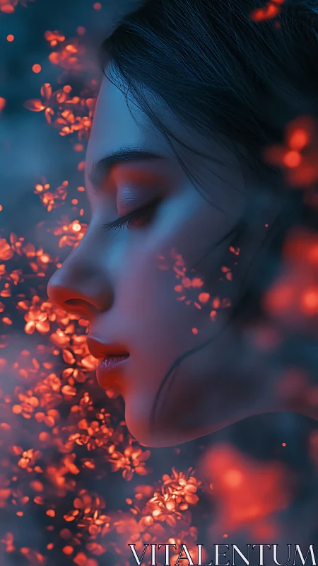 Dreamlit profile amid glowing red blossoms at dusk.