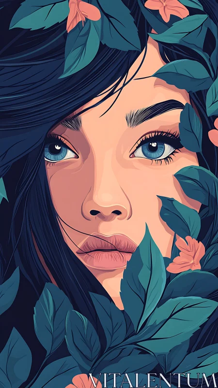 Stylized female portrait enveloped in graphic botanical foliage