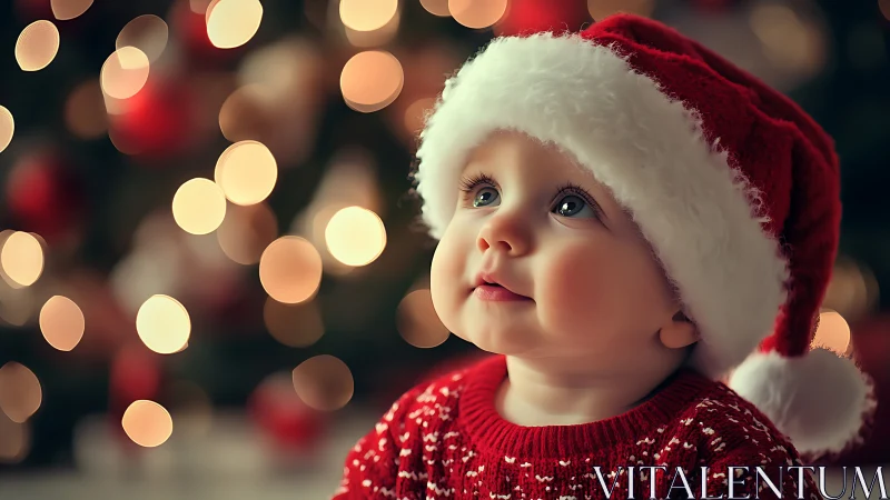 Baby in red Santa hat against blurred festive lights.