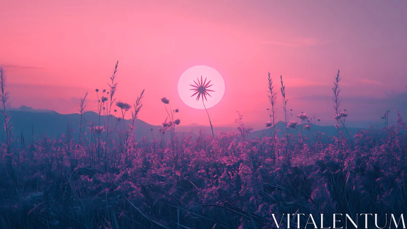 Surreal magenta meadow beneath a radiant geometric sun.