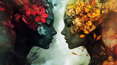 Dual floral goddesses in mirrored elemental contrast.