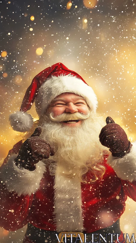 Smiling Santa Claus in snowfall on warm golden background.
