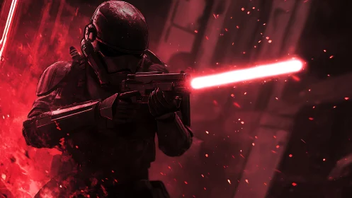 Armored sci fi soldier firing red energy rifle in combat.