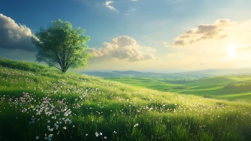 Sunlit wildflower meadow on rolling hills with lone green tree