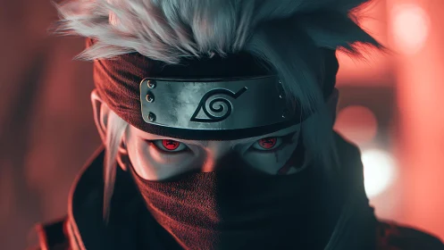 Masked silver-haired ninja stares ahead with glowing red eyes.