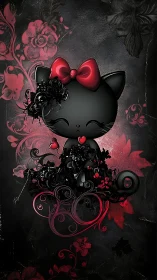 Adorable Black Cat with Red Bow and Whimsical Heart Design