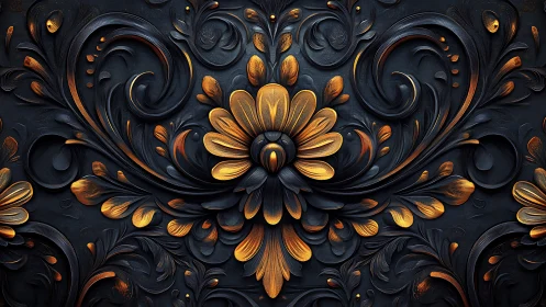 Ornate 3D floral relief with gold leaf petals on dark ground