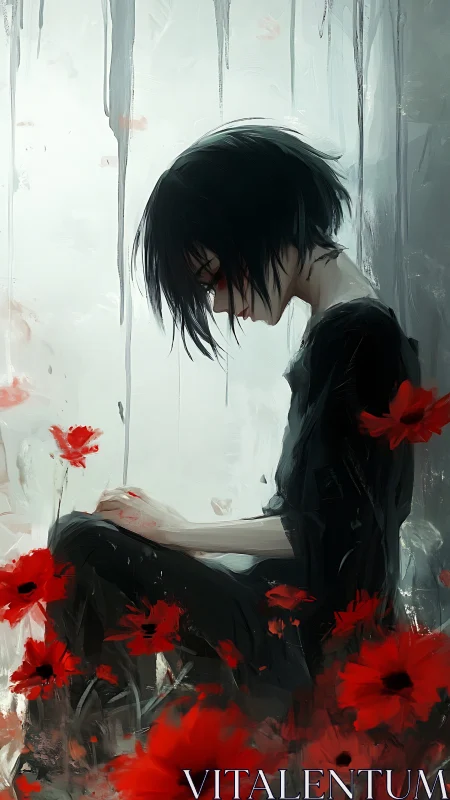 Melancholic dark haired figure seated among red flowers.