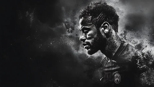 Monochrome digital portrait of soccer player in profile.