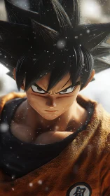 Close frontal view of spiky haired anime fighter in snow.