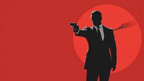 Bold silhouette of a secret agent stands against blazing red sun