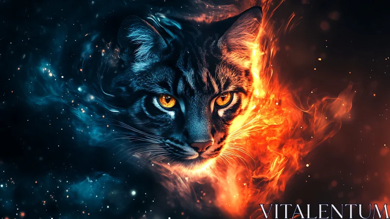 Cosmic fire-and-ice cat spirit prowls through starlit nebula.