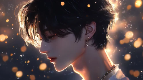 Luminous profile portrait of youth in golden bokeh glow.