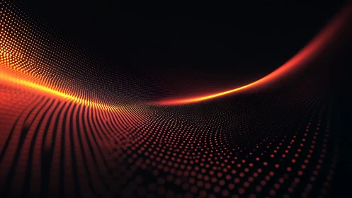 Glowing Abstract Wave of Orange Dots on Dark Background, Digital Art.