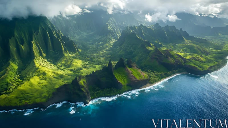 Verdant Pali Coast Valley with Ocean Cliffs and Clouds.