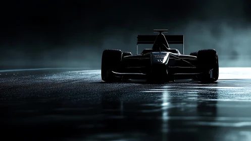 Formula race car on wet track in dramatic low light.