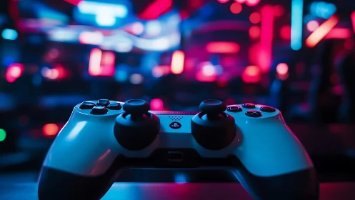 Game controller rests before defocused neon gaming displays