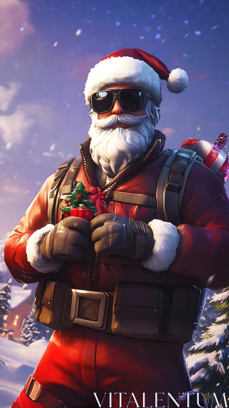 Tactical Santa operative in winter gear holding festive payload.