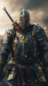 Armored crusader in battleworn plate under stormy sky.