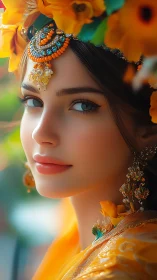 Woman in yellow floral headdress with ornate jewelry portrait.