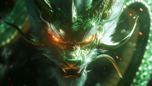 Luminescent emerald dragon close-up with molten amber eyes