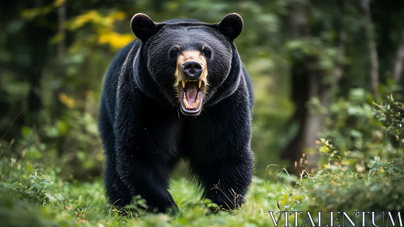 Powerful black bear strides boldly through lush forest