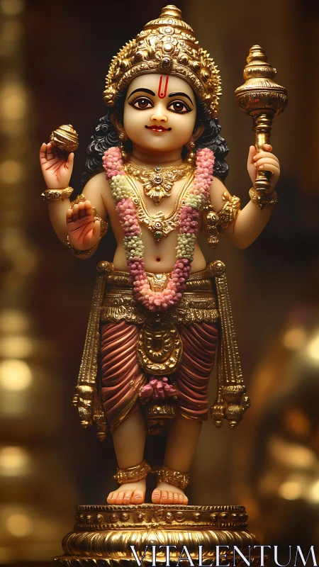 Ornate child deity statue with garlands on golden pedestal.