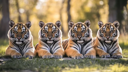 Four Young Tigers Resting on Grass Clearing.