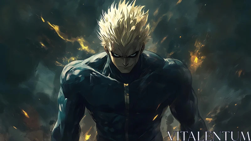 Hyper-charged blonde combatant in volatile energy vortex.