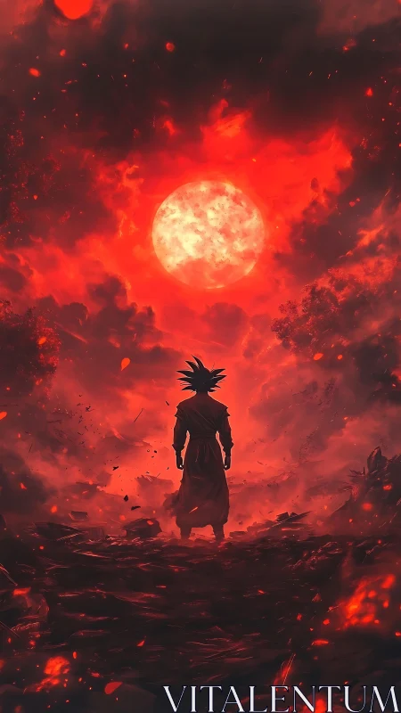 Silhouetted warrior under a red burning sky at dusk.